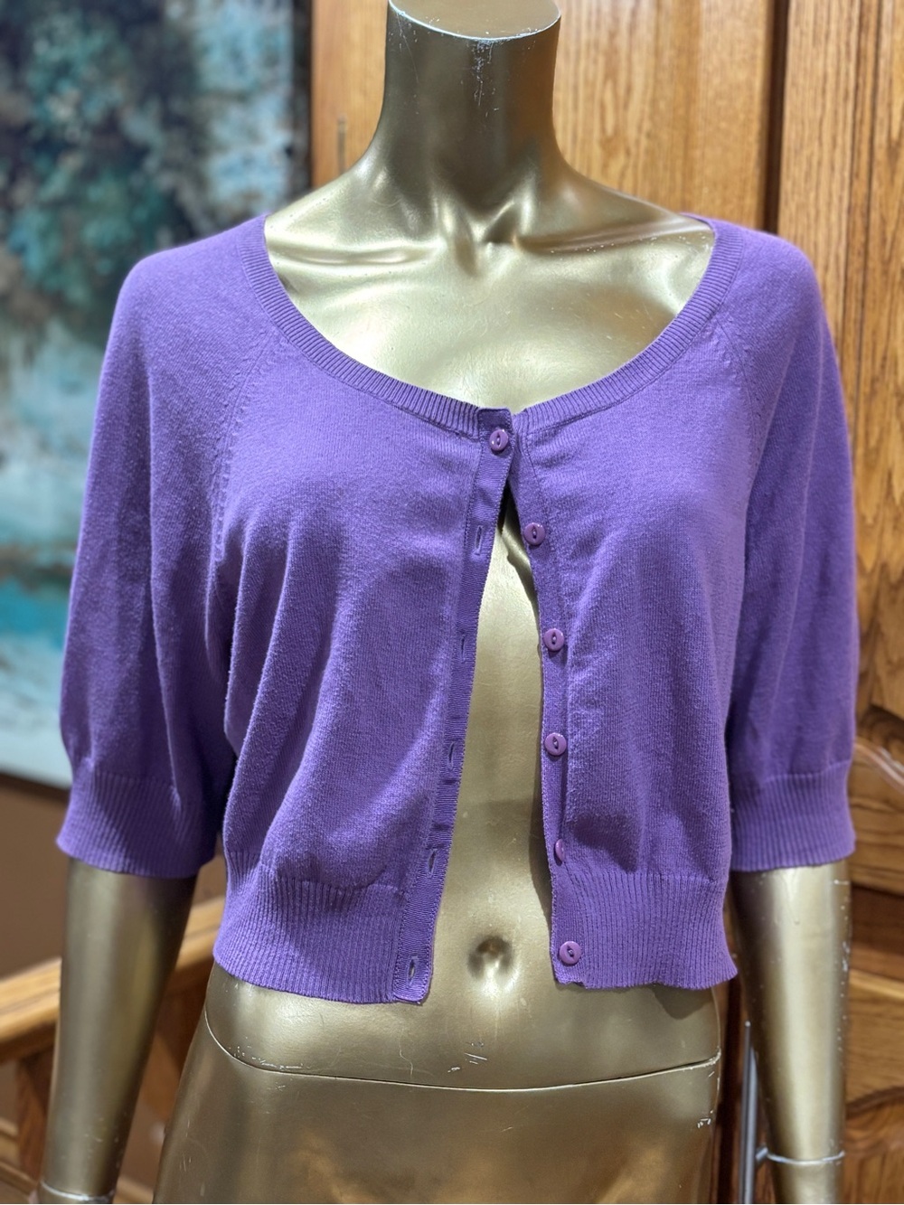 Cropped Purple Short-Sleeve Button Cardigan Sweater